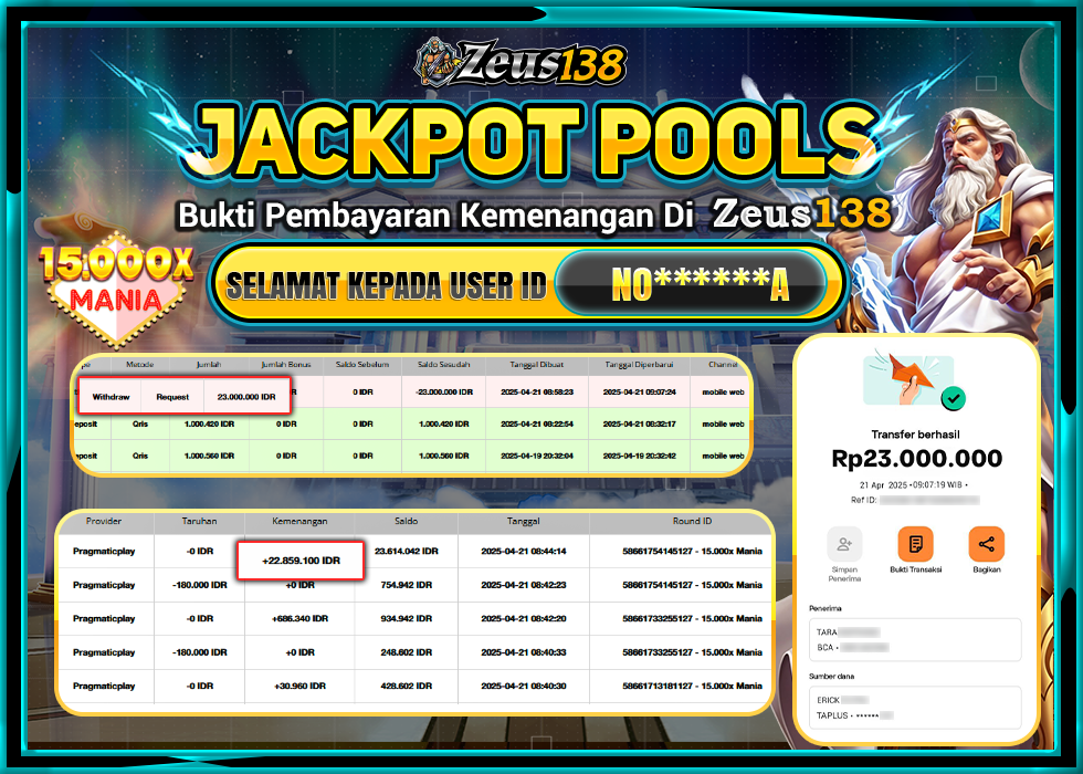 ZEUS138 15.000 MANIA Rp.23.000.000,- LUNAS